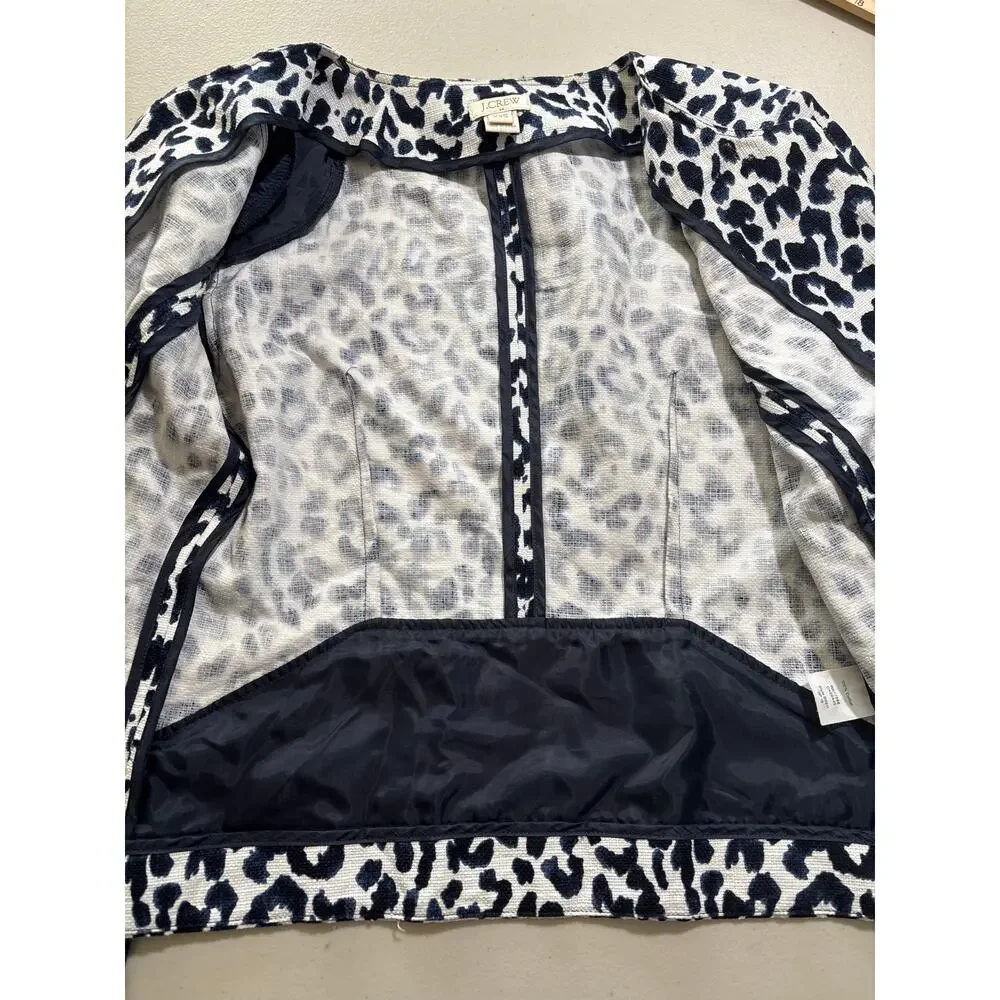 J. Crew Women Size XXS Blue and White Leopard Print Full‎ Zip Moto Bomber Jacket